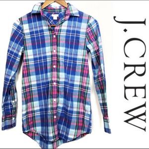 J. Crew Boyfriend Plaid Flannel Button Down Shirt Blue Pink Women's Size XXS
